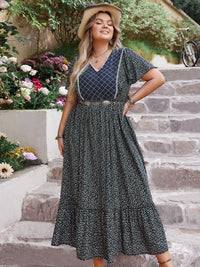Plus Size Printed V-Neck Flutter Sleeve Midi Dress Trandify deal