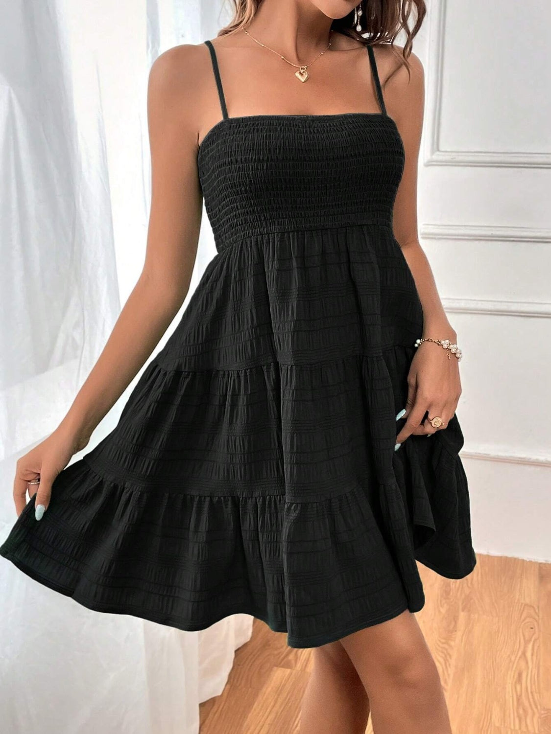 Smocked Tiered Sleeveless Mini Dress Trandify deal