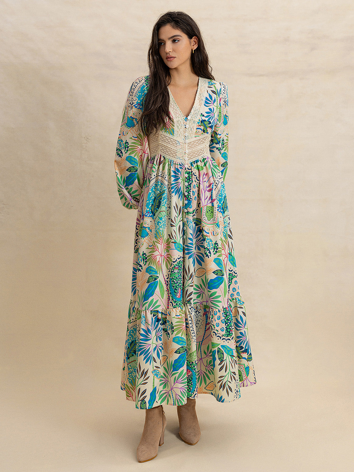 Slit Printed V-Neck Long Sleeve Midi Dress Trandify Deal
