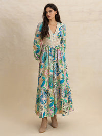 Slit Printed V-Neck Long Sleeve Midi Dress Trandify Deal