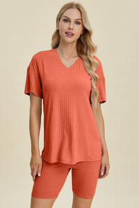Basic Bae Full Size Ribbed V-Neck Short Sleeve Top and Shorts Set Trandify deal