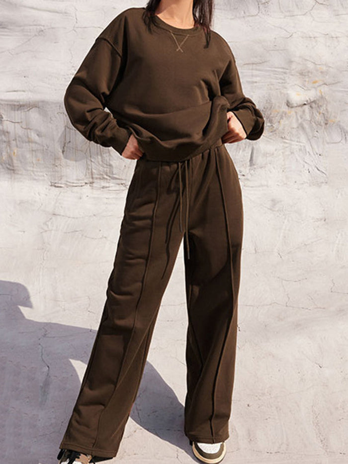 Round Neck Long Sleeve Top and Elastic Waist Pants Set Trandify Deal