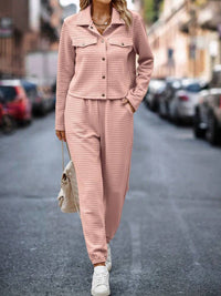 Plaid Texture Snap Down Top and Pants Set Trandify deal