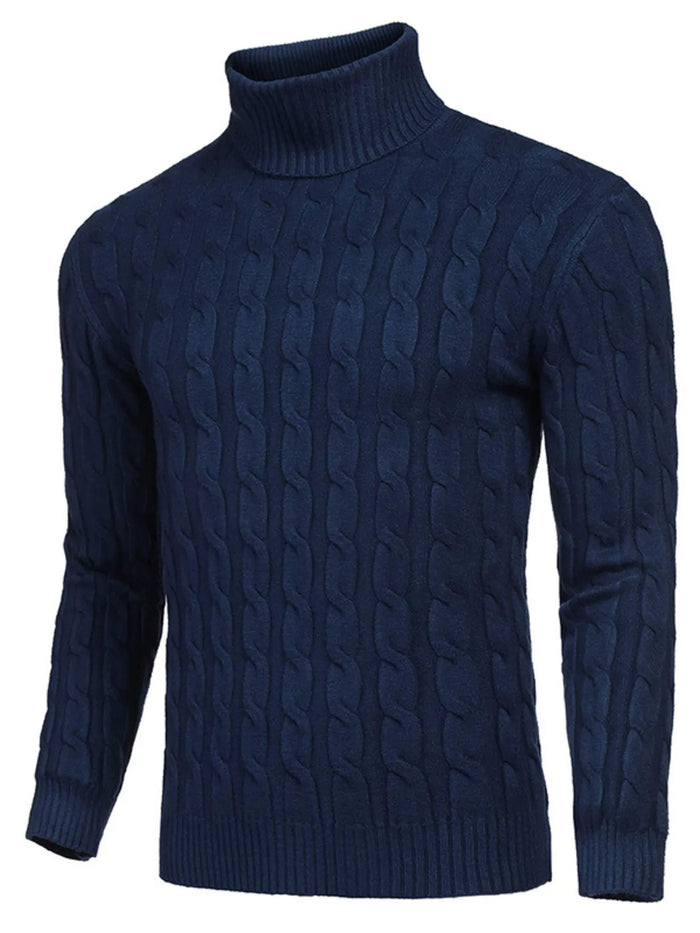 Men's Cable Knit Turtleneck Sweater worn by a model in Navy