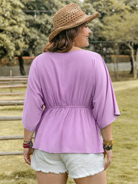 Plus Size Lace Detail Round Neck Three-Quarter Sleeve Blouse Trandify deal