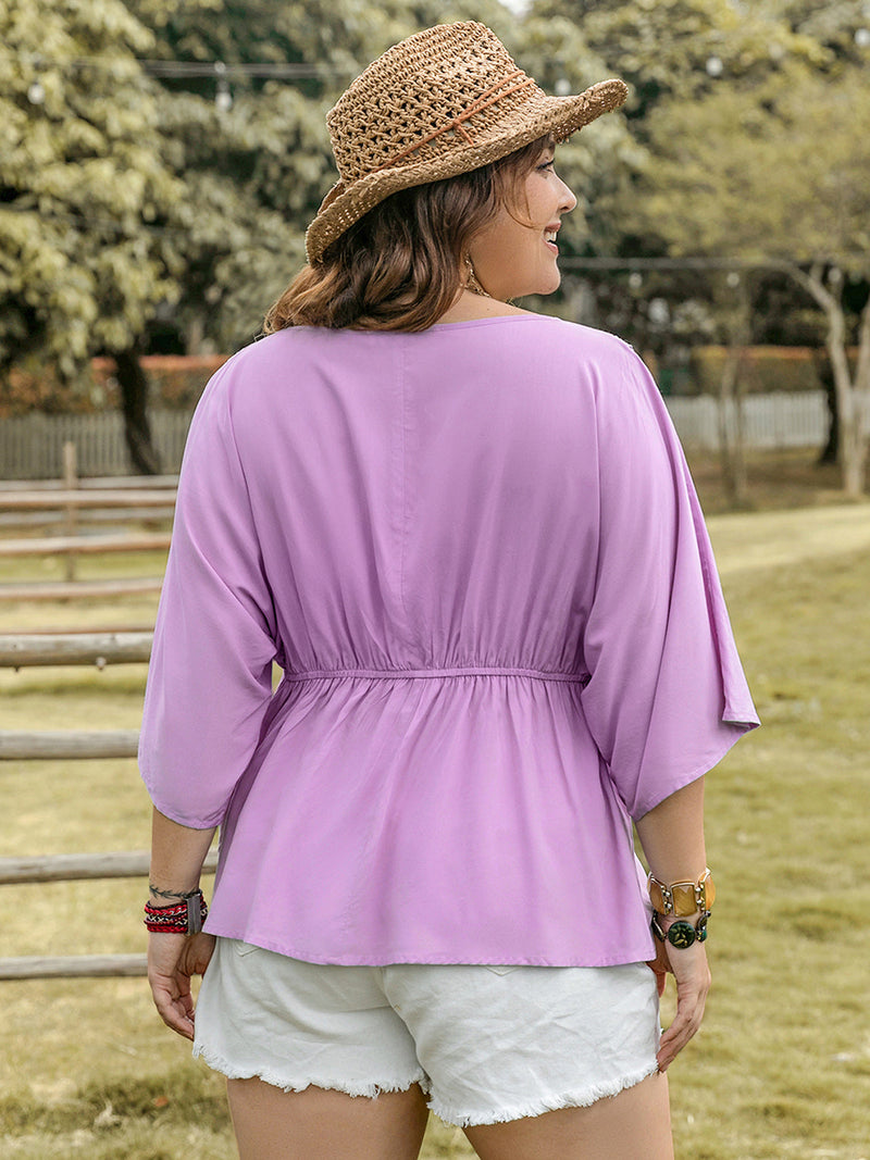 Plus Size Lace Detail Round Neck Three-Quarter Sleeve Blouse Trandify deal