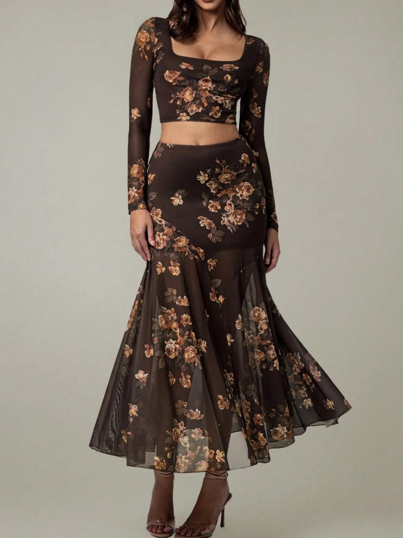 Floral Square Neck Top and Skirt Set for Women – Summer Boho Outfit