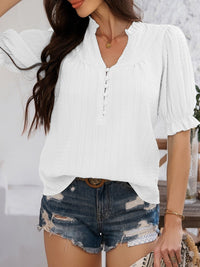Women’s Devine Frill Notched Short Sleeve Blouse – Ruffled V-Neck Top for Casual & Office Wear