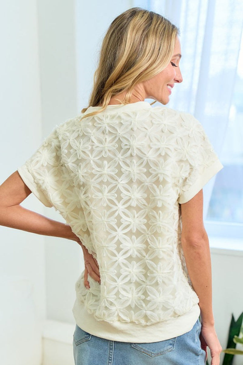 First Love 3D Mesh Flower Round Neck Short Sleeve Top Trandify Deal