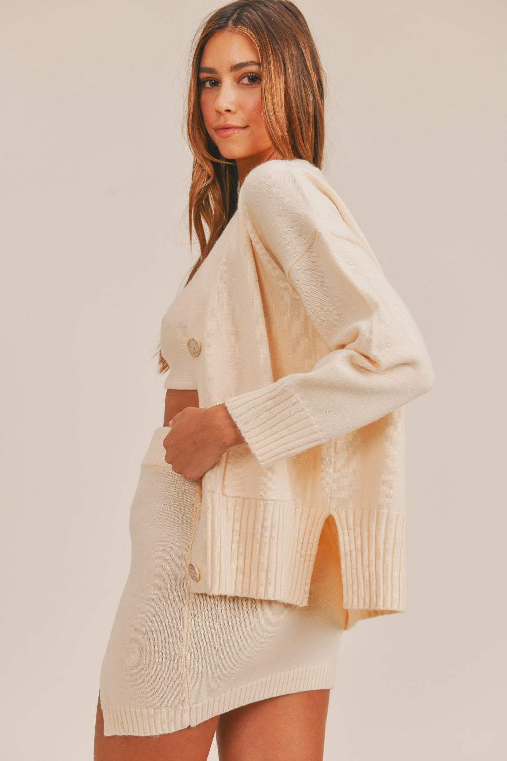 MABLE 3 Pieces Sweater Set with Crop Cami, Mini Skirt, Cardigan Trandify Deal