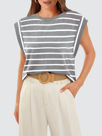 Striped Round Neck Cap Sleeve T-Shirt Trandify deal