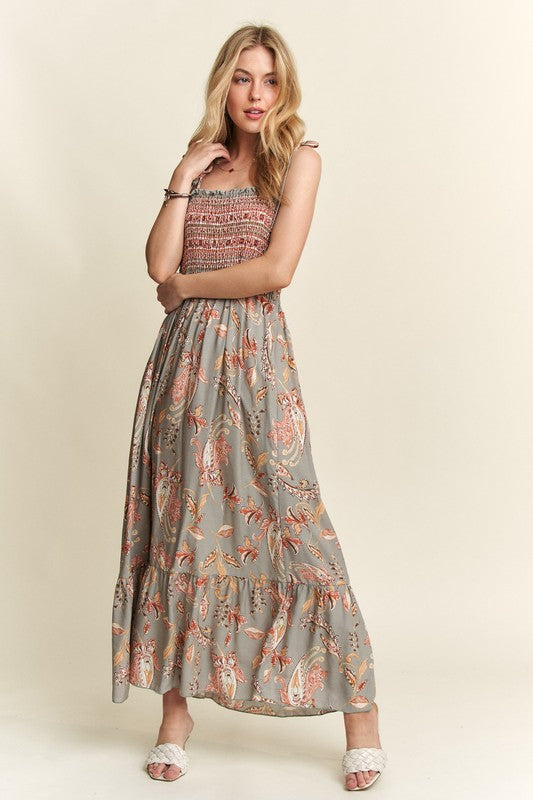 ADORA Smocked Printed Square Neck Tie Shoulder Cami Dress Trandify Deal