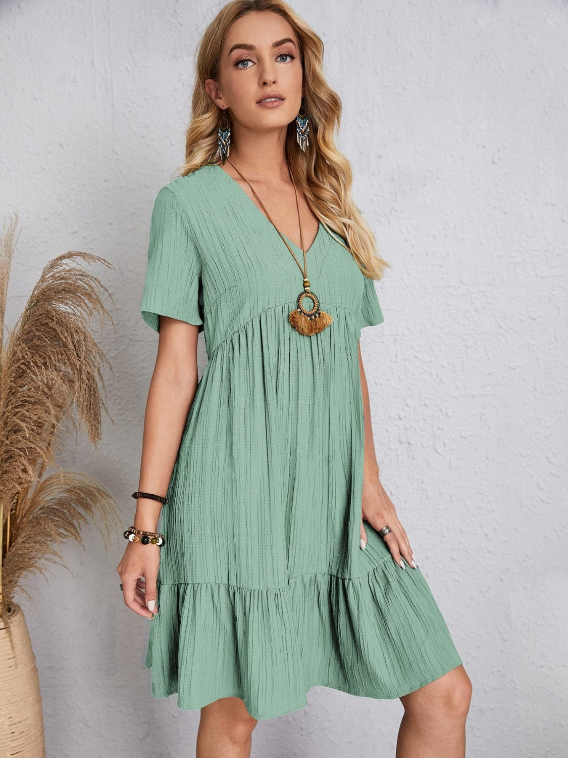 Full Size V-Neck Short Sleeve Dress Trandify deal