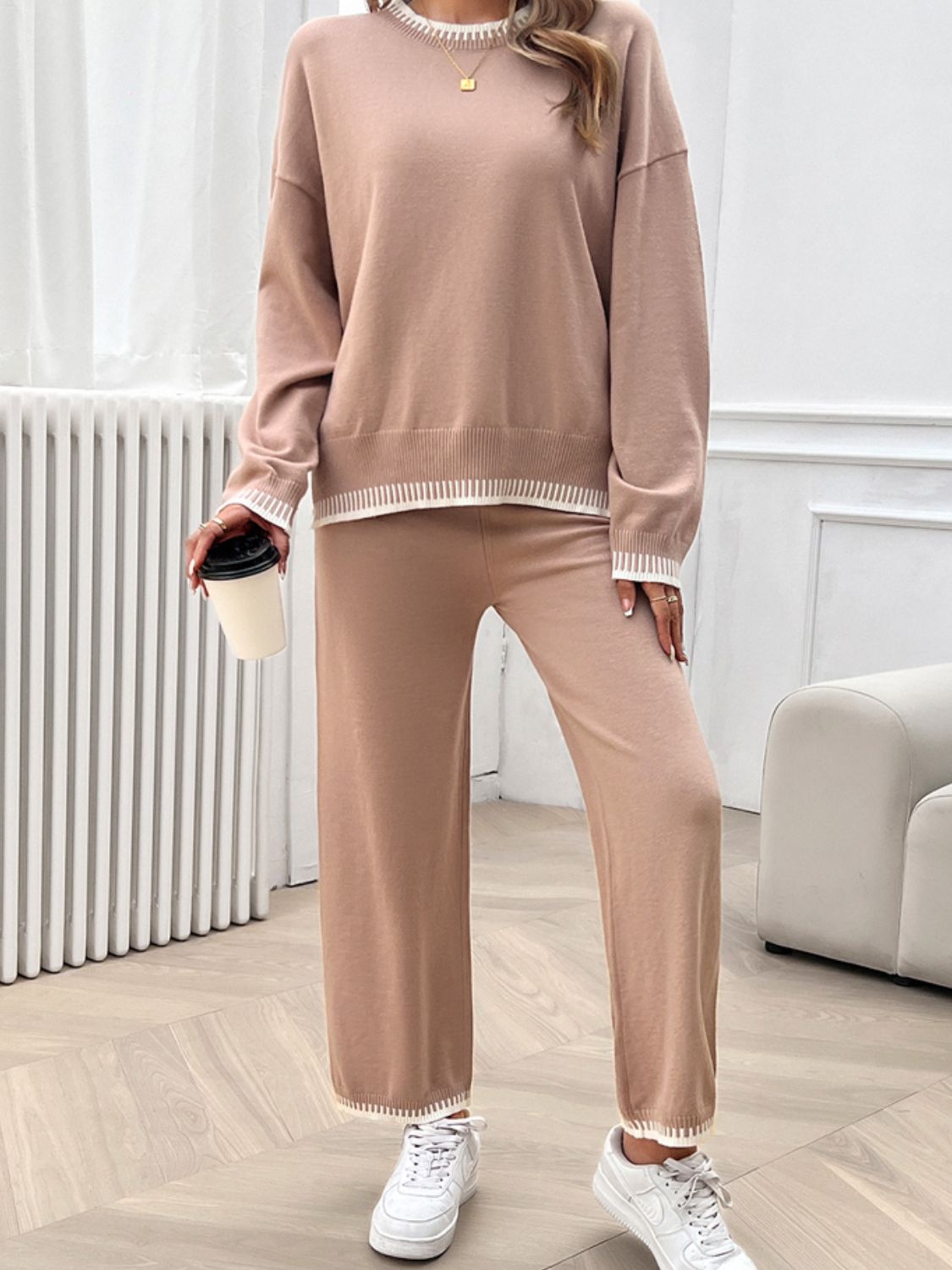 Devine Round Neck Dropped Shoulder Top and Pants Sweater Set Trandify Deal