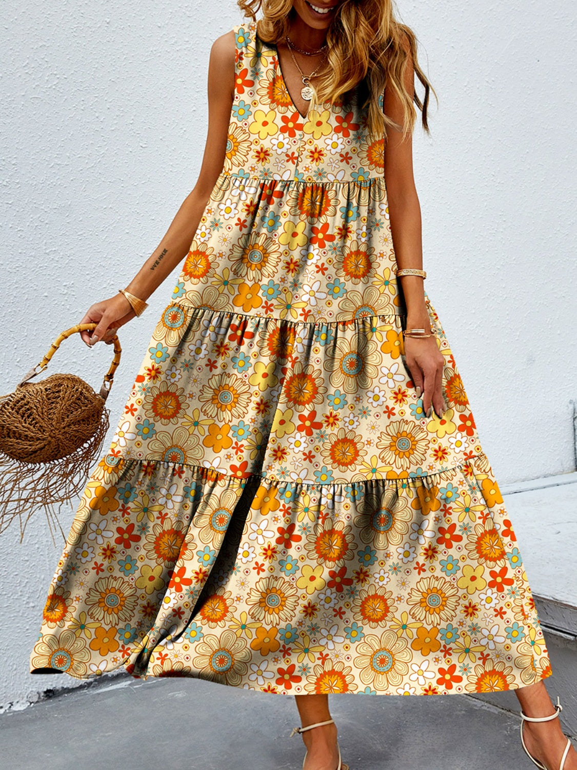 FAM-FAM Tiered Printed V-Neck Sleeveless Dress Trandify deal