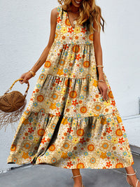 FAM-FAM Tiered Printed V-Neck Sleeveless Dress Trandify deal