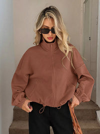 Women's Ribbed Drawstring Jacket - Casual Long Sleeve Zip-Up