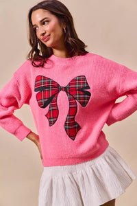 Women's Plaid Ribbon Christmas Sweater - Ugly Holiday