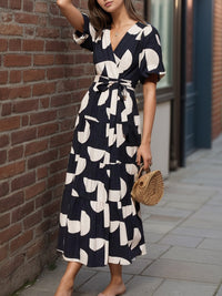 Tied Slit Printed Half Sleeve Midi Dress Trandify Deal