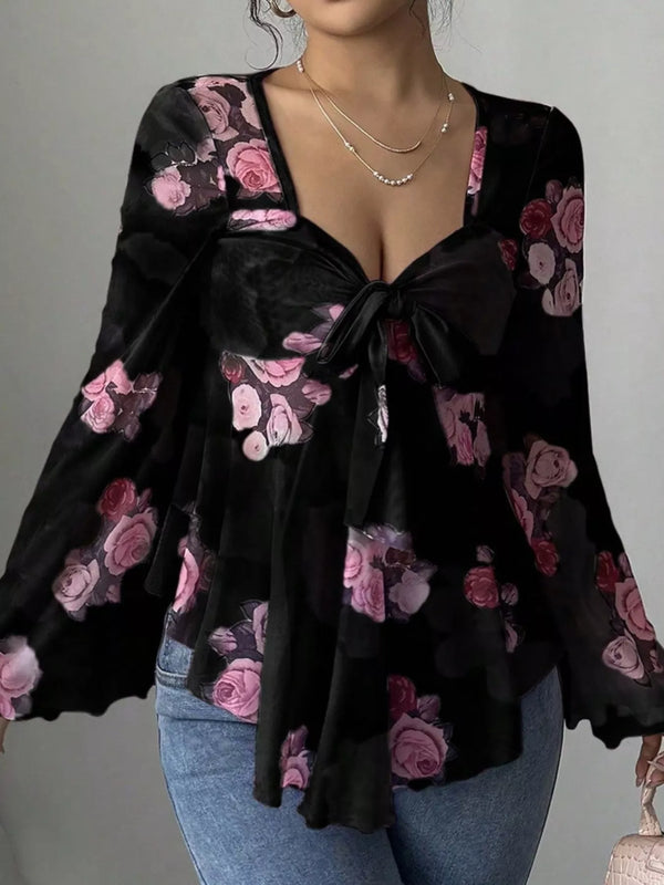 Floral Tie Front Blouse with Flare Sleeves and Bow Detail