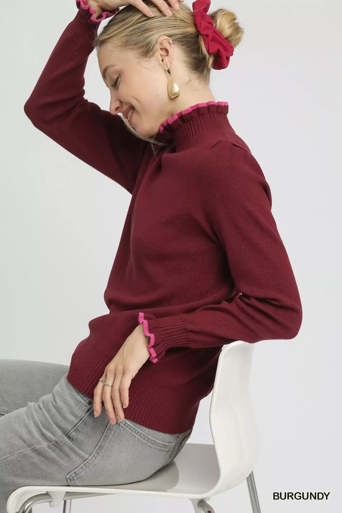Women's soft ribbed sweater with ruffle contrast trim neckline, casual knit top
