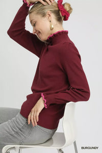 Women's soft ribbed sweater with ruffle contrast trim neckline, casual knit top