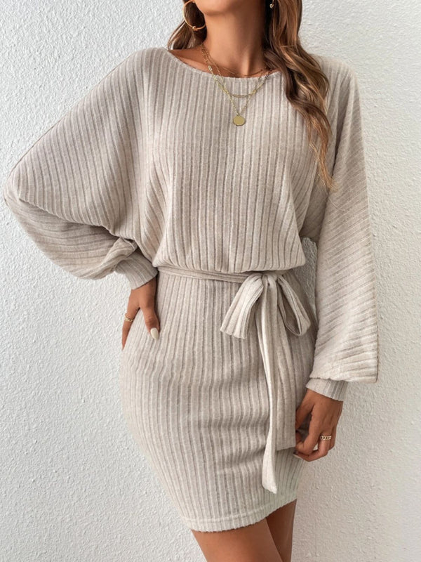 Round Neck Tie Waist Long Sleeve Mini Dress Trandify Deal