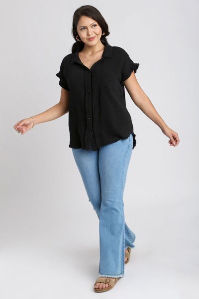 Trendy Women’s Frayed Hem Collared Shirt – Short Sleeve Casual Top
