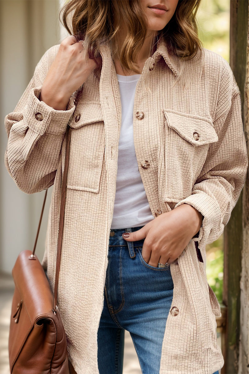 Pocketed Button-Up Dropped Shoulder Shacket for Women - Trendy Oversized Layering Jacket - TrandifyDeal