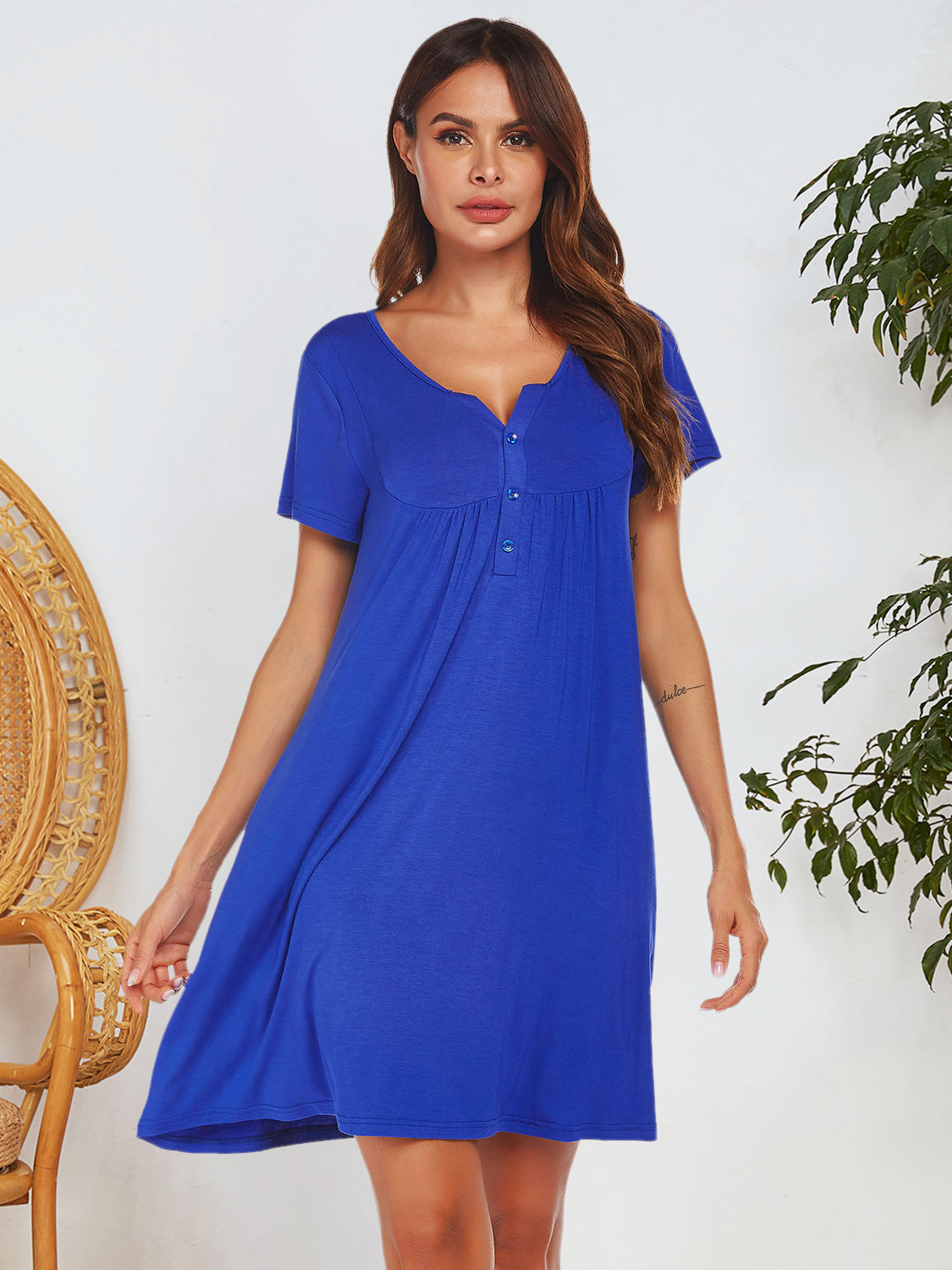 Notched Short Sleeve Mini Lounge Dress Trandify Deal