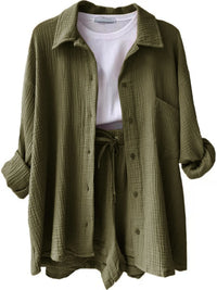 Trendy linen-blend two-piece set for women, stylish matching shirt and shorts