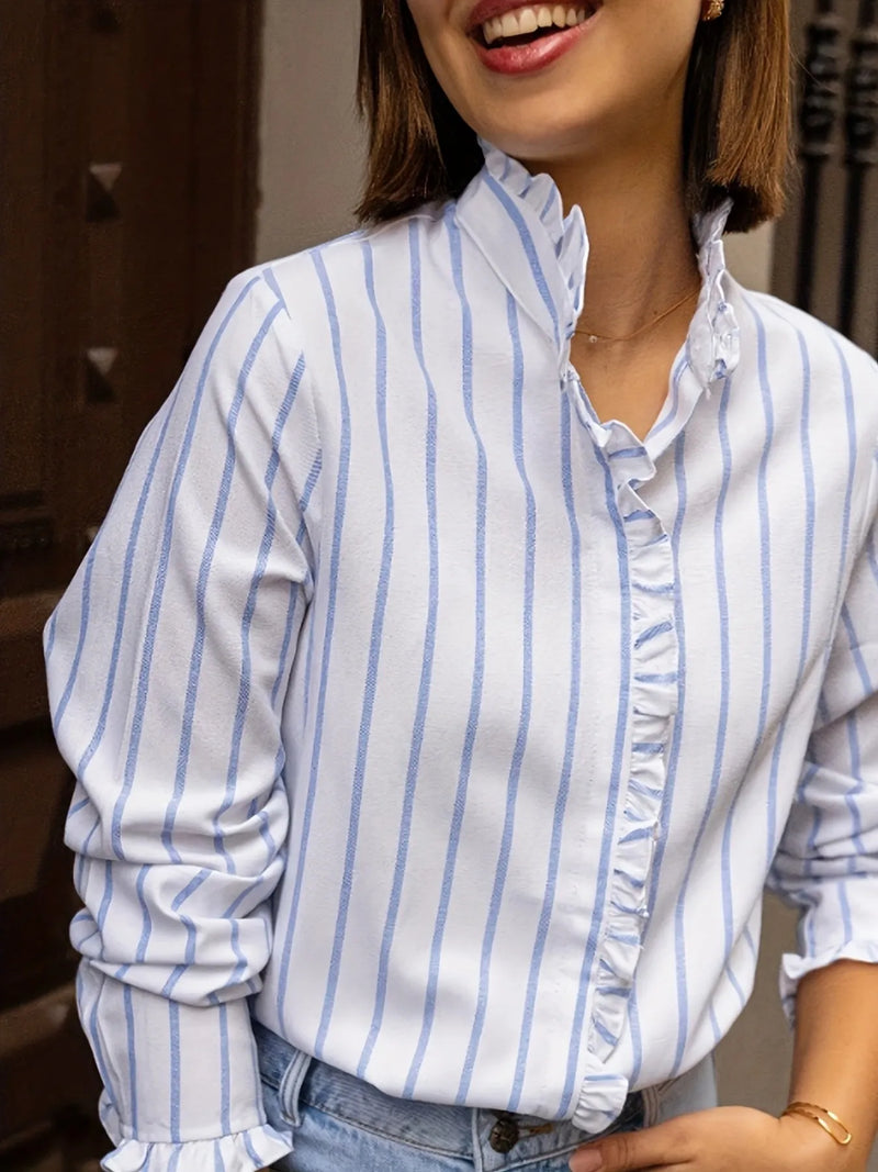 Trendy striped women's blouse with frill detail – long sleeve casual top for 2025 fashion