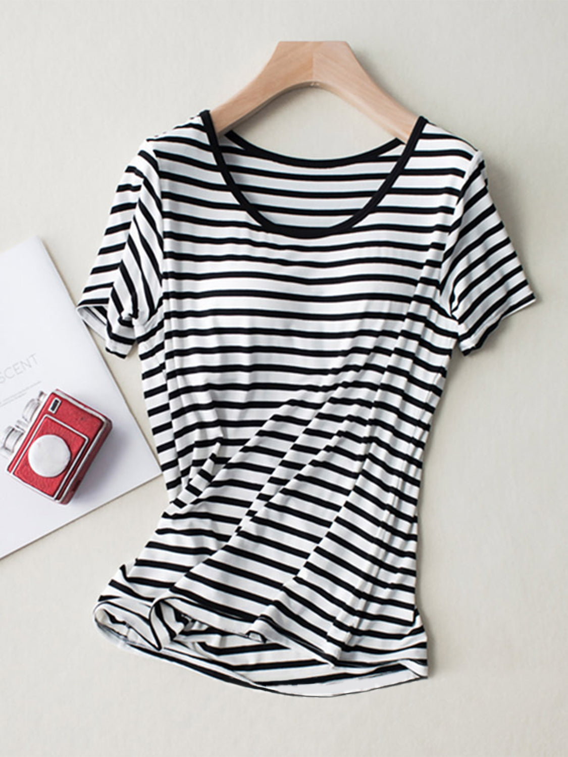 Striped Round Neck Short Sleeve T-Shirt with Bra Trandify Deal
