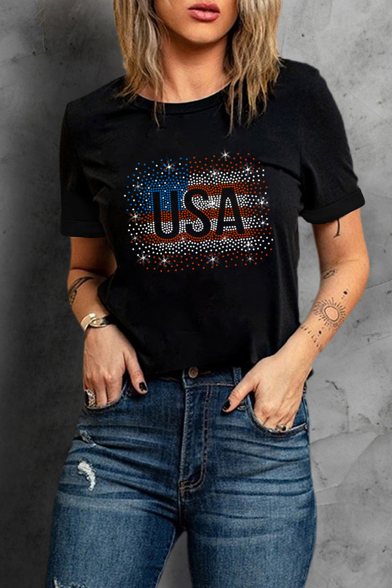 USA Rhinestone Round Neck Short Sleeve T-Shirt - Trandify Deal