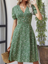 Printed V-Neck Short Sleeve Dress Trandify deal