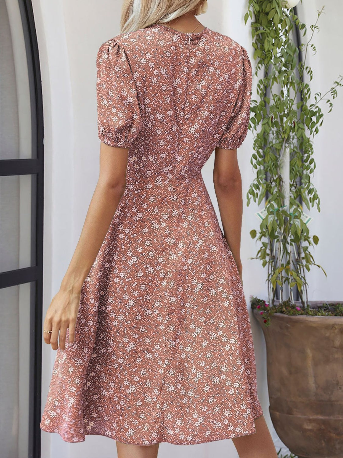 Printed V-Neck Short Sleeve Dress Trandify deal