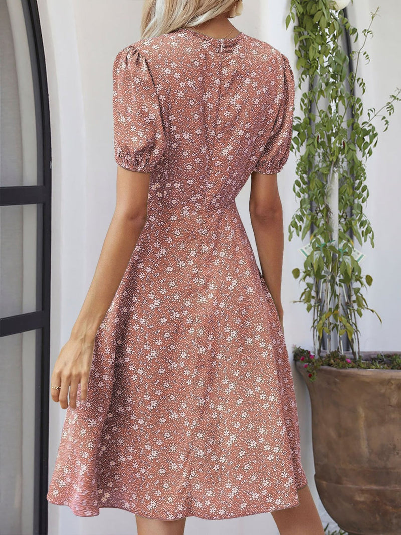Printed V-Neck Short Sleeve Dress Trandify deal