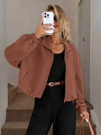 Women's Ribbed Drawstring Jacket - Casual Long Sleeve Zip-Up