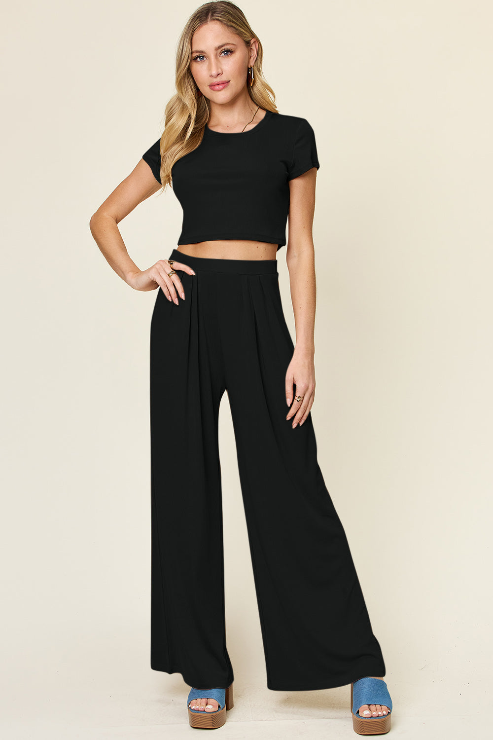 Double Take Full Size Round Neck Top and Pants Set Trandify deal