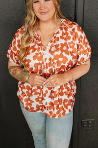 Plus Size Printed Tie Neck Short Sleeve Blouse Trandify deal