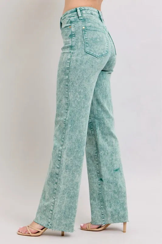 Judy Blue High Waist Dad Jeans in garment dyed wash with raw hem detail