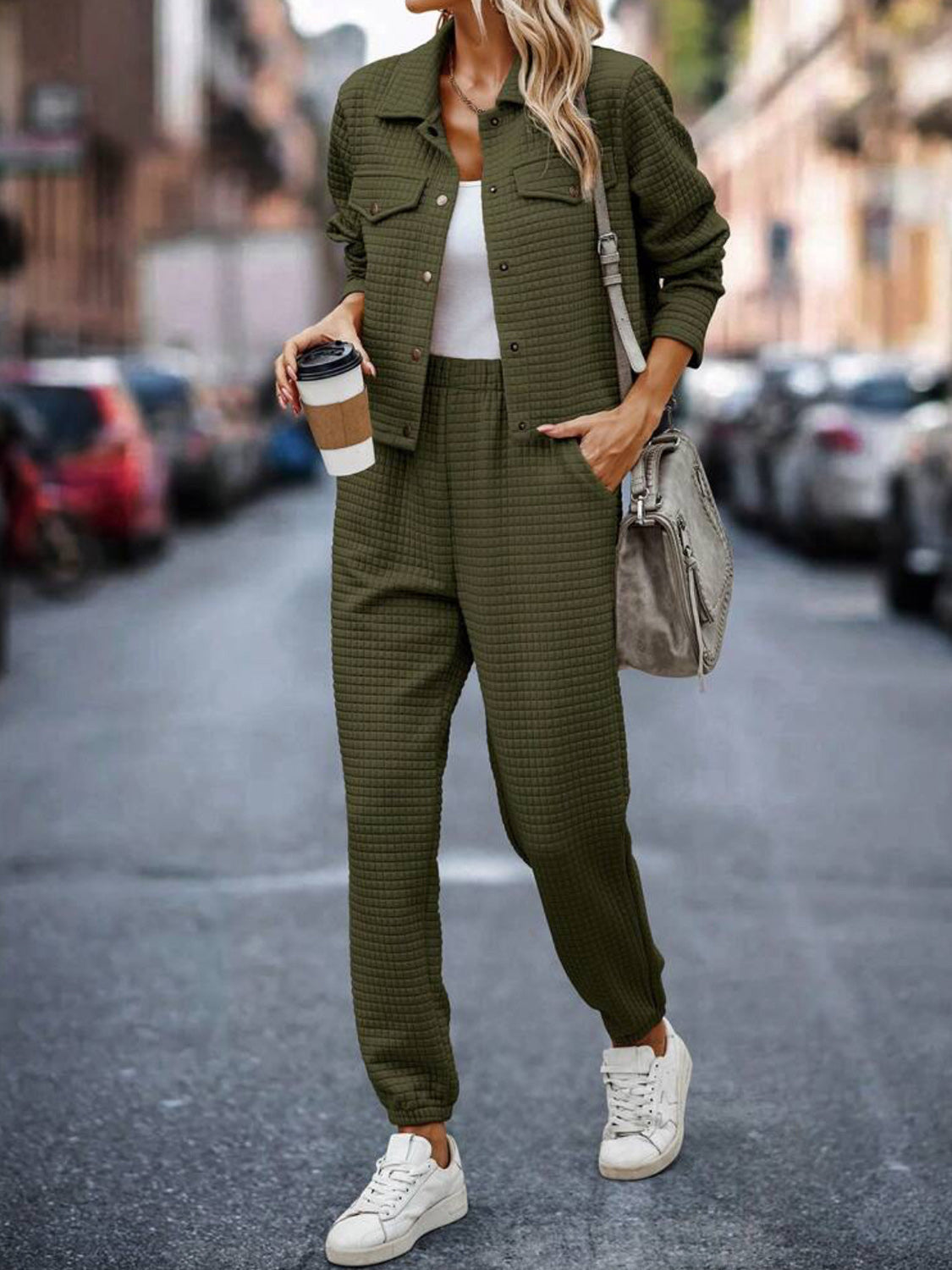Plaid Texture Snap Down Top and Pants Set Trandify deal