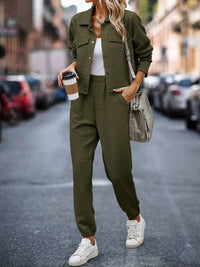 Plaid Texture Snap Down Top and Pants Set Trandify deal