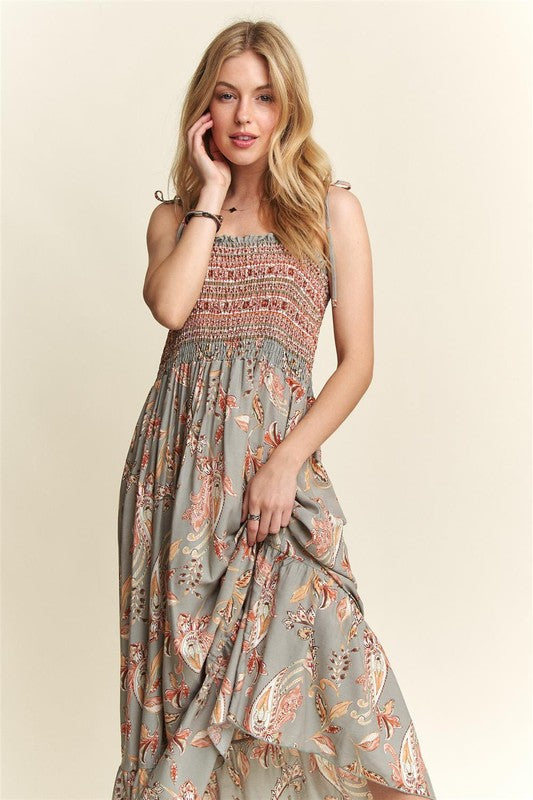 ADORA Smocked Printed Square Neck Tie Shoulder Cami Dress Trandify Deal