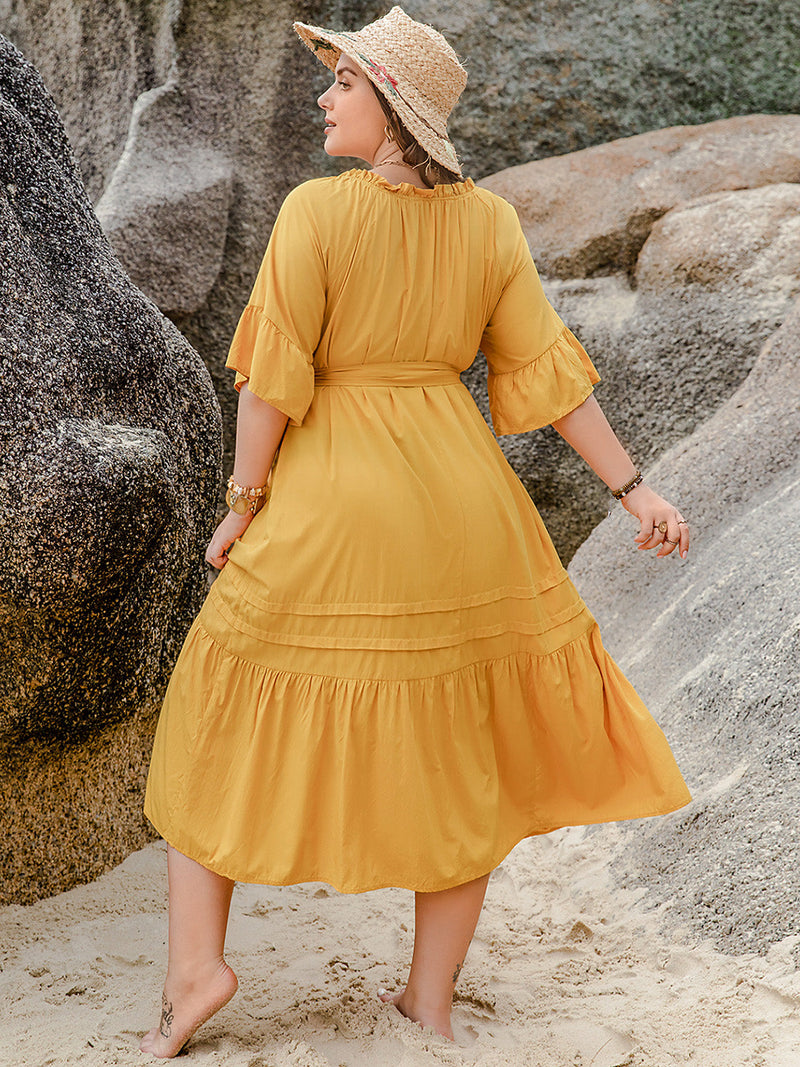 Plus Size Notched Tie Waist Half Sleeve Midi Dress Trandify deal