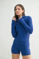 Y2K Ribbed Cropped Hoodie in Blue worn as a retro streetwear outfit