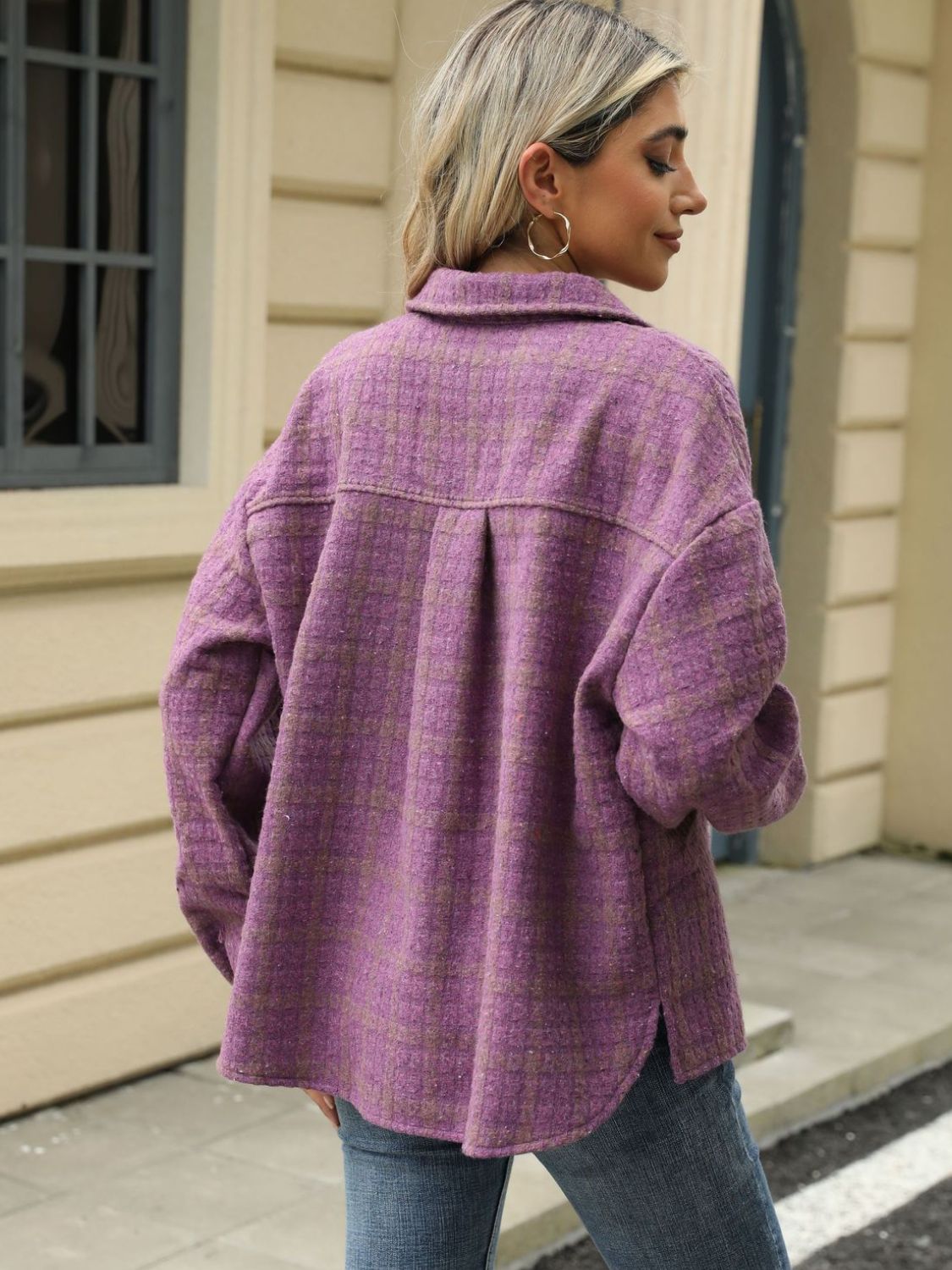 Plaid Collared Neck Long Sleeve Jacket Trandify Deal