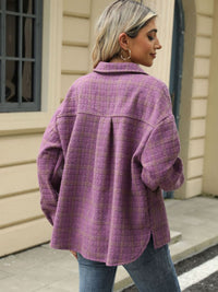 Plaid Collared Neck Long Sleeve Jacket Trandify Deal