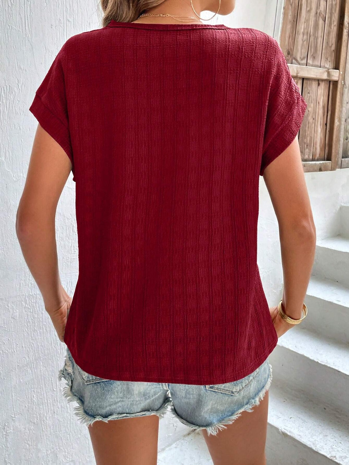 Textured Round Neck Short Sleeve Top Trandify deal