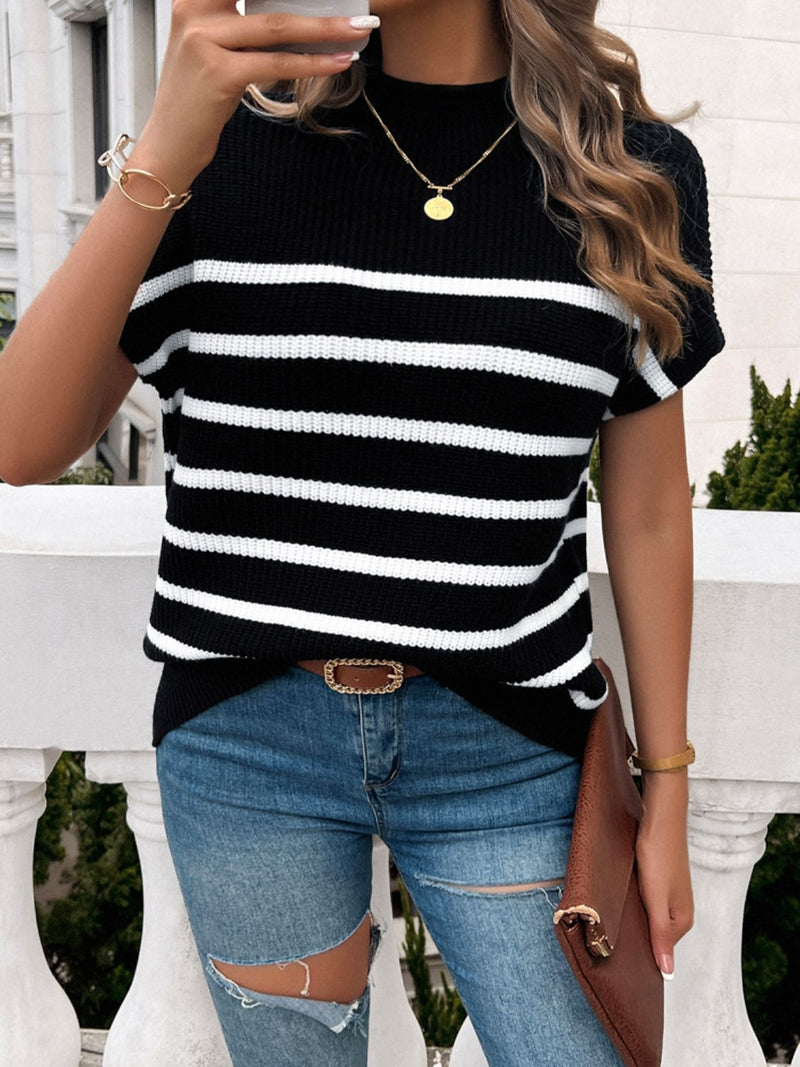 Devine Striped Mock Neck Short Sleeve Sweater Trandify deal